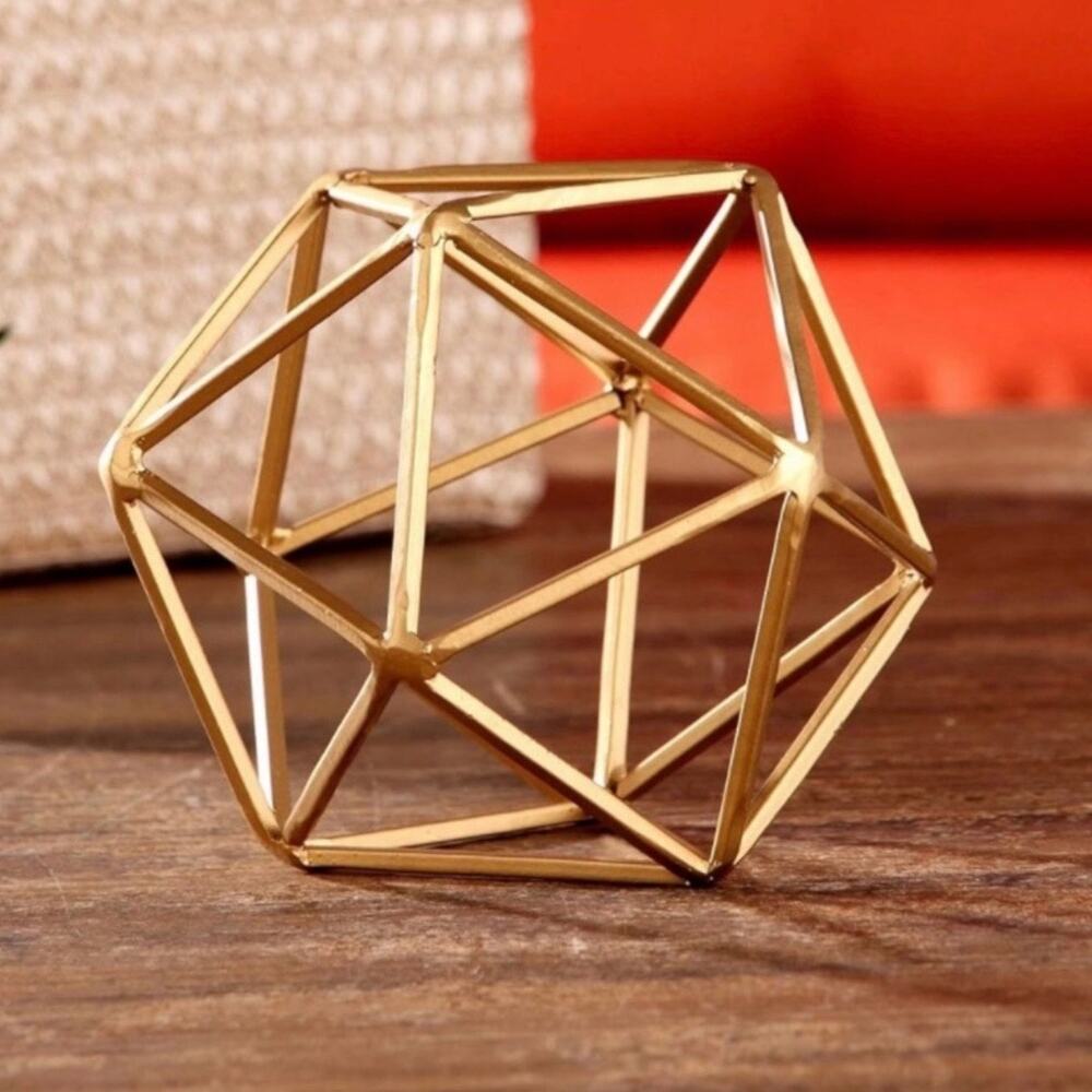 Gold Geometric Metal Orb Sculpture 7" Icosahedron Tabletop Home Decor Sphere